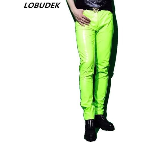 Fluorescent Green Stretch Skinny Men Motorcycle Leather Trousers Fashion Rock Hip Hop PU Pencil Pants Stage Wear Spring Autumn