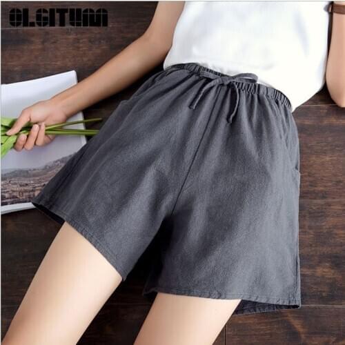 High Waist Cotton and Linen Women Short Pants Solid Loose Elastic Waist Large Size Thin Pocket Lady Wide Leg Pants Femme