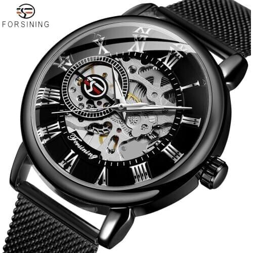 FORSINING Men Luxury Mechanical Watch Fashion Business Waterproof Wristwatch Mens Stainless Steel Hollow Hand Winding Watches