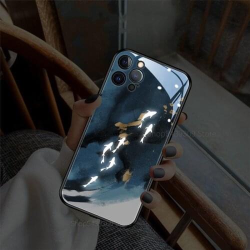 For iPhone 8 Couple Case Ocean Whale Fish Flash Glow In the dark For iPhone 11 12 Pro XS Max X XR Led Tempered Glass Case Cover