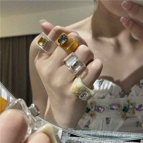 European and American Irregular Acetic Rings Female Ins Style Cold Wind Square Rhinestone Finger Ring for Girls Jewelry Gifts
