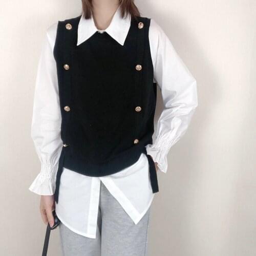 FMFSSOM Autumn Casual White Polo Shirt +sweater 2-piece Set Loose Thermal Sleeveless Sweater Solid Color Shirt Women Warm Sets