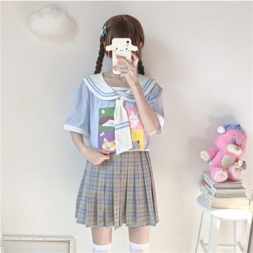 Harajuku O-Neck Womens T-Shirt Soft Sweet Short-Sleeved Top Female Summer Cute Cartoon Printing Sailor Collar Clothing Girl