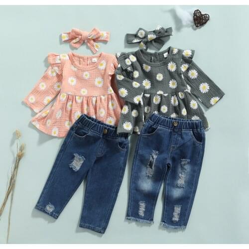 Kids Girls Clothes Set Baby Girl Autumn Long Sleeve Print T-Shirt+Ripped Denim Pants+Headwear 3PCS Outfit Children Clothing Set