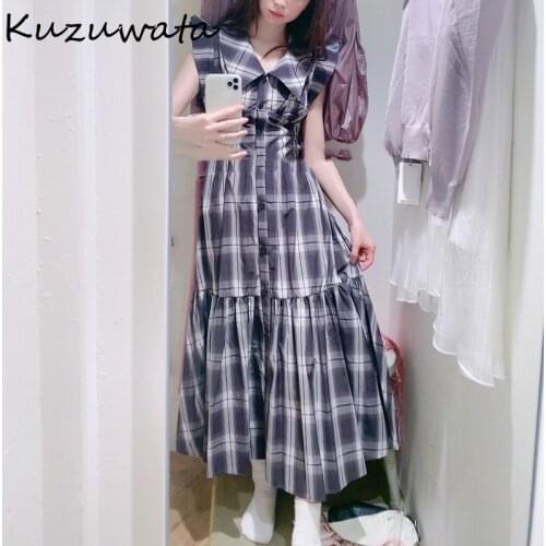 Kuzuwata 2021 Autumn New Vestidos Japan Style Dresses Polo V Neck Butterfly Sleeveless Empire Slim Waist Folds Women Robes