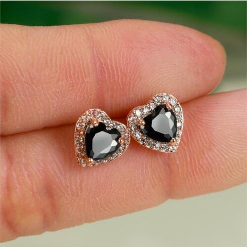Cute Female Black Stone Stud Earrings Fashion Rose Gold Color Small Heart Earrings Vintage Wedding Earrings For Women