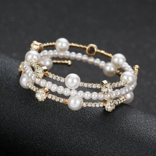 Fashion Crystal Open Wrist Bangles for Women Girls Luxury Imitation Pearl Gold Silver Plated Bracelets Bangles Bridal Jewelry