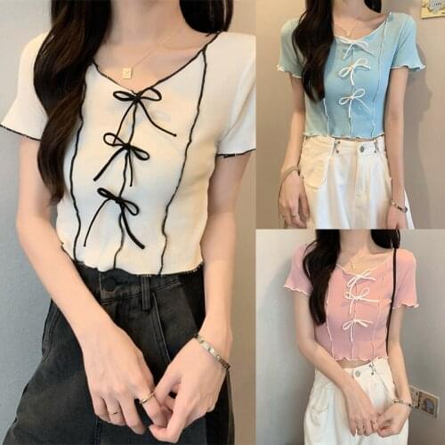 Fashion Women Short Sleeve Lacing Tops Slim Bow T-shirt Comfortable Pullover Knit Tops Tee