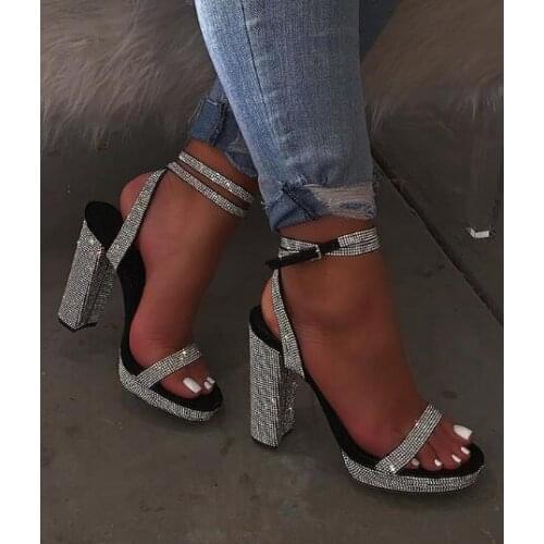 Moraima Snc Fashion Thick Heels Woman Shoes Sexy Open Toe Crystal Embellished High Heel Sandal Ankle Strap Party Heels