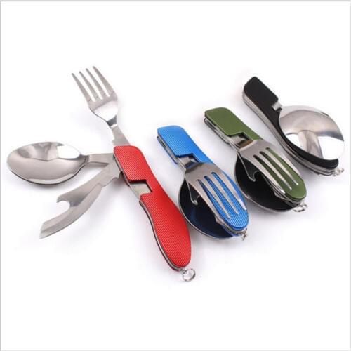 Multifunction Outdoor Camping Picnic Tableware Stainless Steel Cutlery 4 in 1 Folding Fork Knife Bottle Opener Set