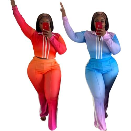 Autumn Women plus size Sports Gradient Printed Two Piece Set Zipper Top and Pants Tracksuit Sweatsuit Outfits 2 Piece Sets