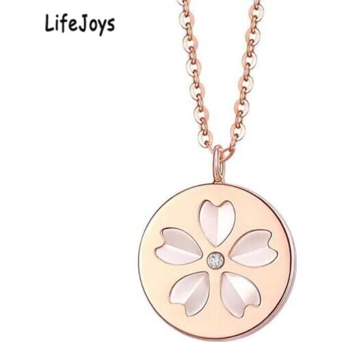 Stainless Steel Sakura Necklace Shell Jewelry Small Blooming Flower Pendant Mini Zircon For Women Rose Gold Silver Color