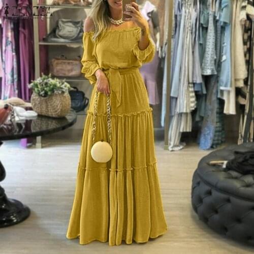 5XL ZANZEA Bohemian Off Shoulder Womens Dress Spring Belted Ruffle Maxi Vestidos Oversize Casual Puff Sleeve Solid Holiday Robe