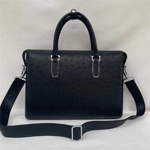 Authentic Real True Ostrich Skin Businessmen ZIP Laptop Briefcase Genuine Exotic Leather Male Large Working Handbag Shoulder Bag