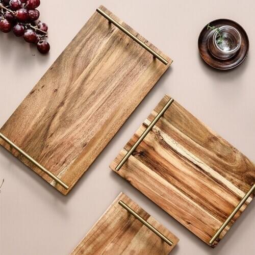 Solid Wood Rectangular Dinner Plate Food Fruit Snack Dessert Acacia Wood Tray with Handle Household Cafe Supplies