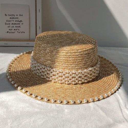 Womens Summer Hat Sun Hats Flat Top Sun Protection Cap Female Trave Big Wide Brim Hat Straw Hat Holiday Pearl Weaving Beach Hat