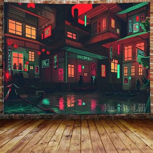 Modern Night City Tapestry Japanese Anime Neon Boat Samurai Art Wall Hanging Home Decoration