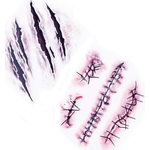 2pcs Waterproof Temporary Halloween Tattoo Sticker Terror Wound Realistic Blood Injury Scar Fake Stick
