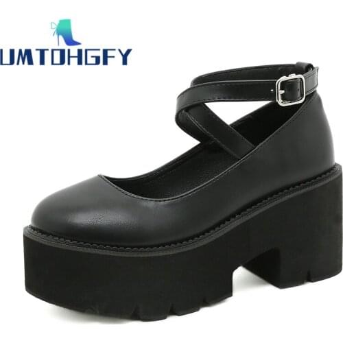 Girl Lolita Shoes JK College Student Shoes 8cm Uniform Genuel Leather Platform Heels Ankle Strap Womens Pumps 2022 Summer Spring