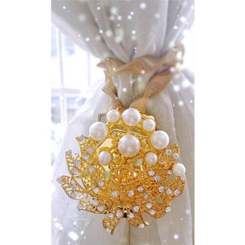 Home Decor curtain Accessories Alloy spring pearl crystal flower magnetic wire belt clip curtain Tie Rings buckle 2pcs/lot