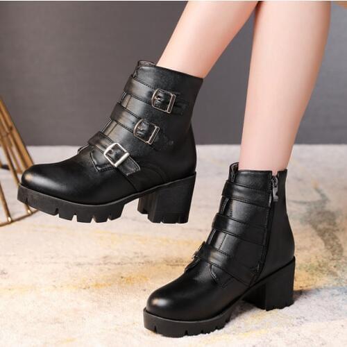BLXQPYT New high heels belt buckle womens winter short boots in autumn fur warm 2019 Martin boots single boot size 35-46 C19-15