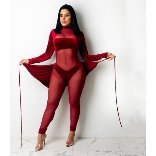 SJUYing Womens Pants Fall 2021 Fashion Sexy Skinny Mesh Velvet Patchwork Solid Color Womens Long Sleeve Zipper Jumpsuit