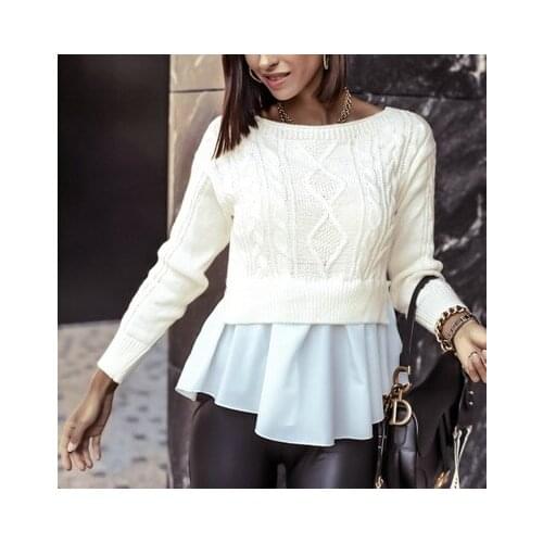 Womans O-Neck Casual Sweaters Patchwork Design Hollow Out Ruffle Top Long Sleeve Solid Color Casual Loose Pullovers Knitted Top