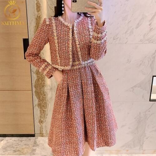 SMTHMA New Winter Two-Piece Set Fashion Ladies Bright Silk Tweed Long Sleeve Beading Jacket +Sexy Spaghetti Strap Dress Suit