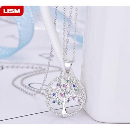 Colorful 100% 925 Sterling Silver Life of Tree Pendant Necklace with Crystal Zircon Women Fashion Jewelry Gift For girl Birthday