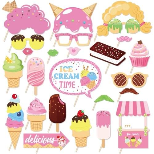 25pcs Summer Theme Party DIY Ice cream Cone Photobooth Props Baby Shower Party Decorations Girls Happy Birthday Party Supplies