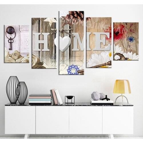 Heart of Love Home Art Abstract Flower Painting Print on Canvas Modren Artwork Picture for Bedroom Wall Decor 5 Panels a Set