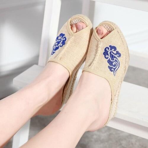Handmade Ladies Linen Cotton Wedge Slides Slippers Comfortable 6cm Heel Peep Toe Espadrilles Sliders Summer Women Retro Sandals
