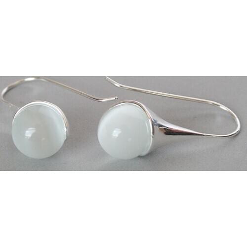Pretty 14mm White Cats Eye jade Opal 925 Sterling Silver Hook Earring 1 1/2