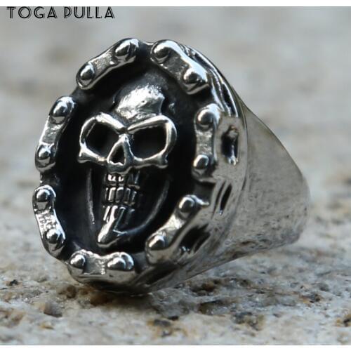 Cool Mens 316L Stainless Steel Biker Skull Ring Male Punk Rock Cross Biker Chain Link Ring Mens Hip Hop Gothic Jewelry