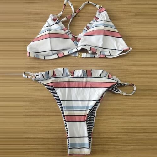 Vigorashely Striped Swimwear Women Sexy Ruffle Bikini 2020 Thong Swimsuit Female Brazilian Bikini Set Bathing Suit Swim Wear