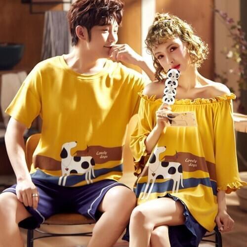 Cute print cartoon summer cotton pajamas couple pajamas set loungewear female lover pajamas femme household male clothing