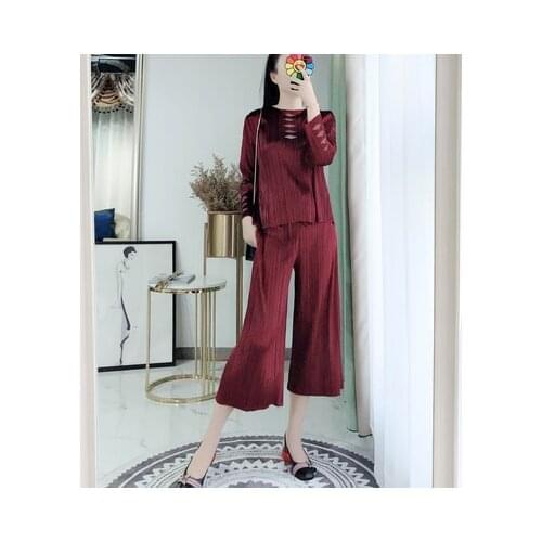 HOT SELLING Fashion fold long sleeve o-neck solid hollow out T-shirt + Wide leg pants velvet two-piece outfit IN STOCK