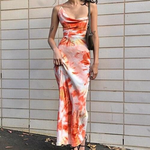 Maxi Dress Printed Spaghetti Strap Women Backless Lace Up Sundress for Dating Sexy Vintage Elegant Fashion Sexy Dresses