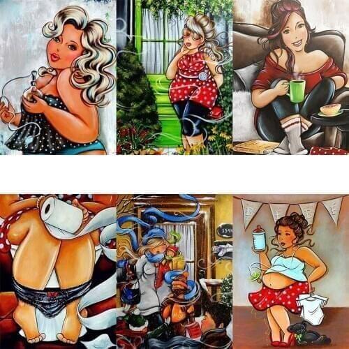 FSBCGT Cartoon Fat Lady Portraits Painting By Number Kits Hand Painted On Canvas Gifts Of Adult Living Room Bedroom Home Decor