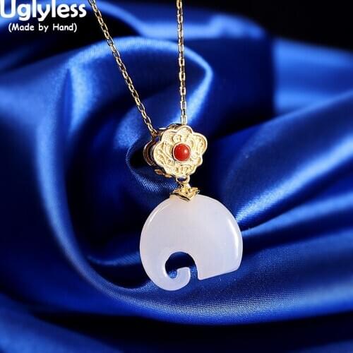 Uglyless Be kind to Animals Elephant Necklaces NO Chains Xinjiang Hetian Jade Elephants Never Forget 925 Silver Pendants Agate