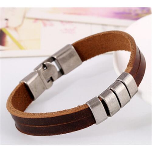 New Arrival Punk Vintage Black Brown Alloy Charm Men Cuff Genuine Leather Bracelets For Women Men Fashion Jewelry Accessories