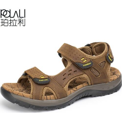 POLALI Summer Genuine Leather Sandals Hiking Shoes Sneakers Men Hiking Sandals Women Outdoor Hiking Sandals Men Trekking