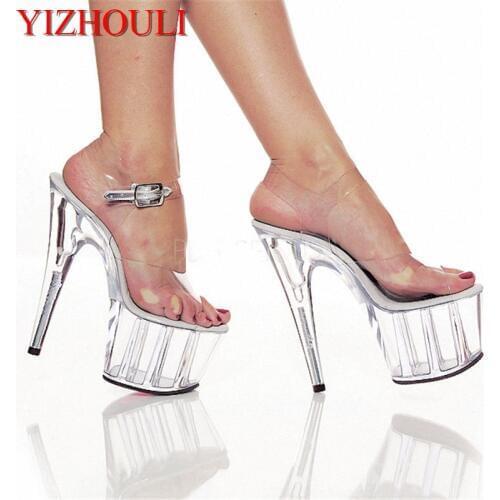 Full transparent crystal 15cm high heel pole dancing/star/model shoes, summer banquet stage sandals