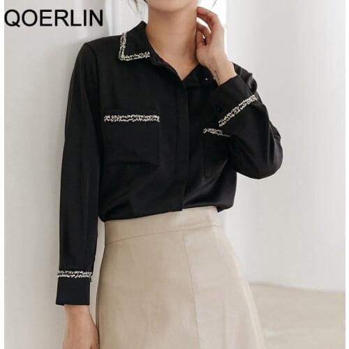 QOERLIN Black White Chiffon Shirts 2021 Women Spring Autumn Workwear Shirts Lady Turn-Down Collar Blusas Tops Buttons Up Shirts