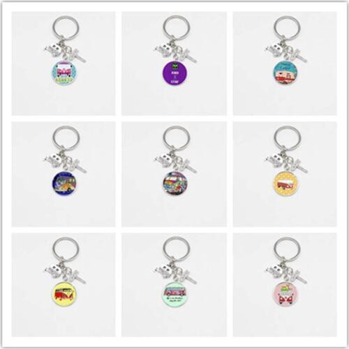Happy camping cute wagon my camping camper road sign keychain glass cabochine traveler keychain goddess charm wholesale