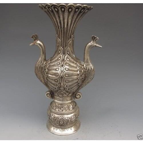 Old Handwork Copper Tibetan Silver Carved Peacock Vase Decoration Statue Buddhist Garden Decoration 100% real Brass Bronze
