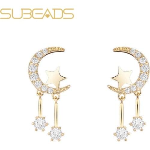 Subeads 925 Sterling Silver Crystal Star Women Stud Earrings For Women Girls Star-Moon Earrings Ear Stud Ear Accessories