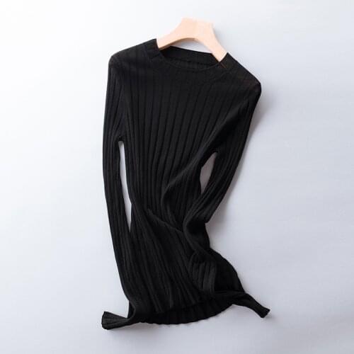 Pure Wool Crew Neck Sweater Women Basic Ribbed Pullover Jumper Thin Sweaters S,M,L