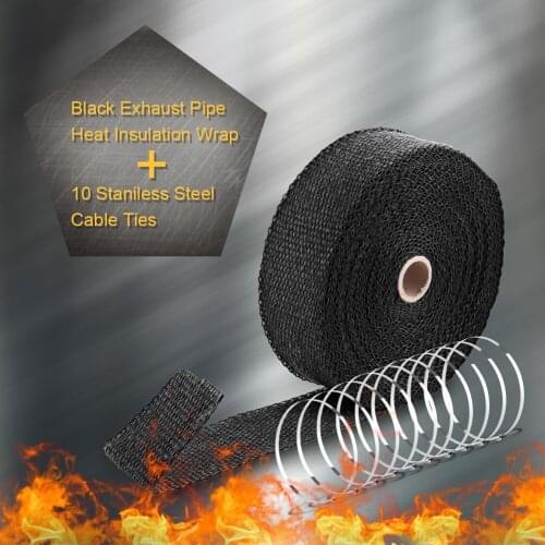 2000℉ Black Car Exhaust Pipe Heat Insulation Wrap 50mm X 15m With 10 Stainless Steel Cable Ties(Black)