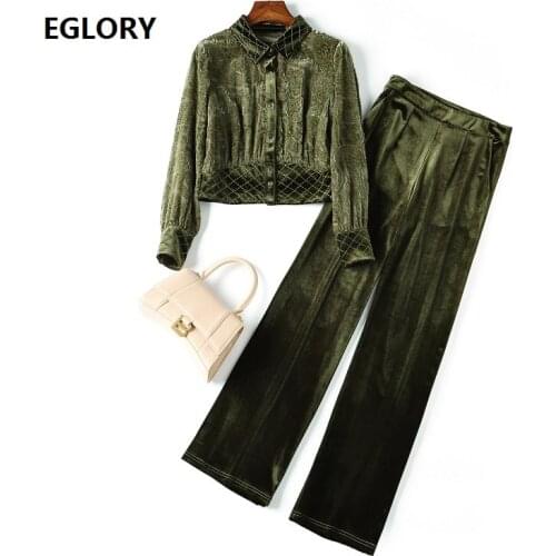 2020 Autumn Winter Fashion Tracksuits Women Lurex Embroidery Stitching Flower Patterns Velvet Tops Coat+Full Length Velour Pant